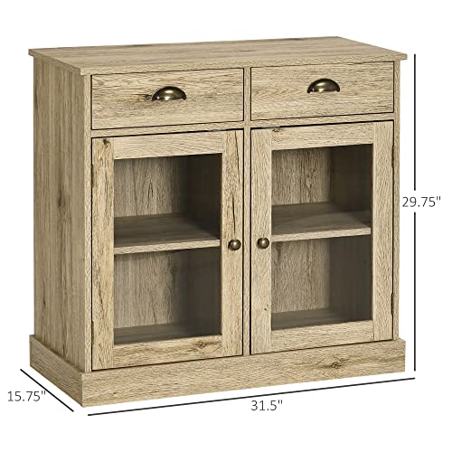 HOMCOM Farmhouse Sideboard Buffet Cabinet, Kitchen Cabinet with 2 Glass Doors, Coffee Bar Cabinet with Adjustable Shelves and 2 Drawers for Living Room, Oak