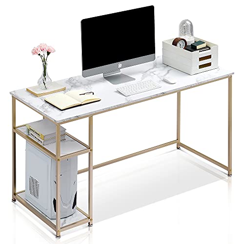 ivinta Computer Desk with Shelves, Office Desk for Living Room,Small Desk with Storage Space, Home Office Desks, Vanity Desk with Gold Legs PC Laptop Table (White, 55")