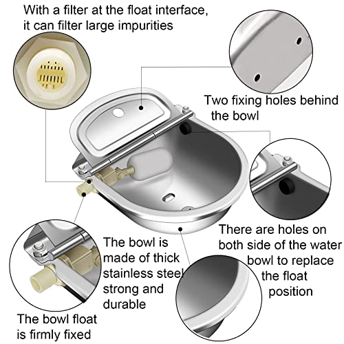 Automatic Livestock Drinking Water Bowl with 2 Float Ball Valves and (Drain Hole), 304 Stainless Steel Livestock Horse Waterer Dispenser, Water Trough for Cattle, Horse, Pig, Sheep, Dogs, Calf, Goat