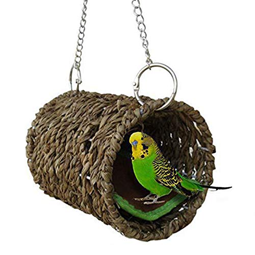 Woven Straw Bird tunnel - Seagrass Bird Tent Snuggle Toy Natural Hanging Hammock Swing Nest for Parrot Cockatiel Parakeet African Grey Cockatoo Macaw Amazon Lovebird Finch Hamster (4.72"x3.94"x10.2")