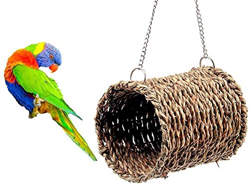 Woven Straw Bird tunnel - Seagrass Bird Tent Snuggle Toy Natural Hanging Hammock Swing Nest for Parrot Cockatiel Parakeet African Grey Cockatoo Macaw Amazon Lovebird Finch Hamster (4.72"x3.94"x10.2")