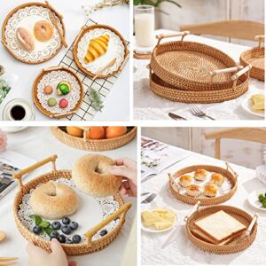 Hipiwe Round Rattan Serving Tray with Handles Wicker Tray Coffee Table Decorative Tray Hand Woven Serving Basket Ottoman Trays for Fruit Bread Parties Breakfast