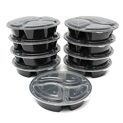 50pcs 48oz Meal Prep Round Containers 3 Compartment w/Lids Food Storage 25 set