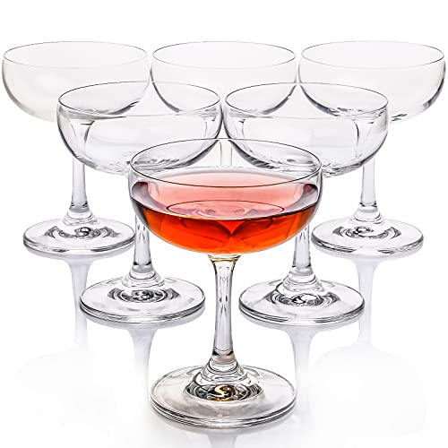 FAWLES Crystal Coupe Glasses, Set of 6, 7 Ounce(220ml), Elegant Short Stem Design, Clear Cocktail Glasses Sets Perfect for Drinking Champagne, Sweet Wine, etc.