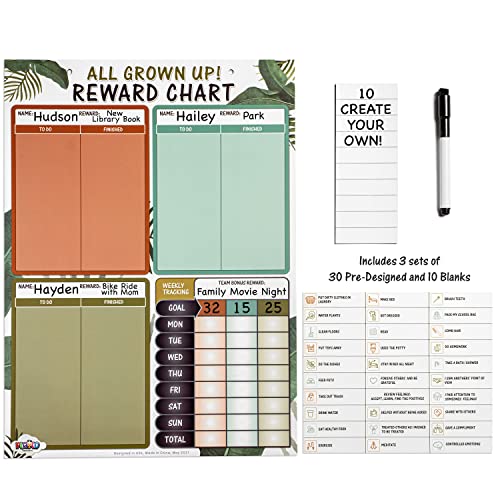 Chores Chart for Kids - Magnetic Behavior and Responsibility Reward Chart for Multiple Kids - Separate Section and Pieces for each Child - 3 Sets of 30 Pre-Designed Chore pieces and 10 Blanks Included