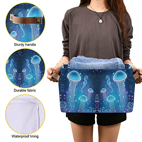 Oyihfvs Glowing Blue Jellyfish Underwater Seahorse World Square Shelves Storage Basket Bin, Waterproof Laundry Hamper Bucket, Baby Nursery Organizer with Handles for Toys Clothes Room Closets