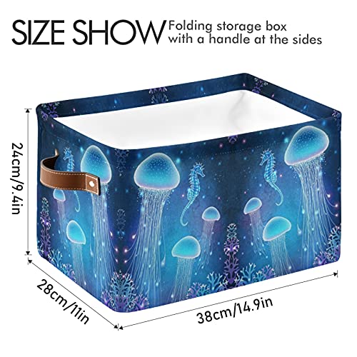 Oyihfvs Glowing Blue Jellyfish Underwater Seahorse World Square Shelves Storage Basket Bin, Waterproof Laundry Hamper Bucket, Baby Nursery Organizer with Handles for Toys Clothes Room Closets