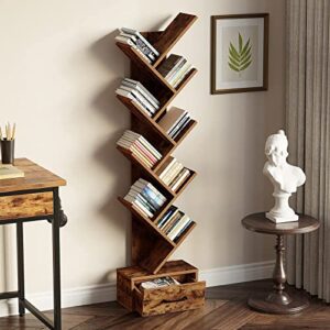 Rolanstar Bookshelf with Wooden Drawer, 9 Shelf Tree Bookshelf, Modern Book Storage, Free Standing Tree Bookcase, Utility Organizer Shelves for Home Office, Living Room, Bedroom, Rustic Brown