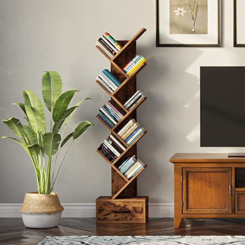 Rolanstar Bookshelf with Wooden Drawer, 9 Shelf Tree Bookshelf, Modern Book Storage, Free Standing Tree Bookcase, Utility Organizer Shelves for Home Office, Living Room, Bedroom, Rustic Brown