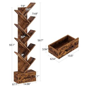 Rolanstar Bookshelf with Wooden Drawer, 9 Shelf Tree Bookshelf, Modern Book Storage, Free Standing Tree Bookcase, Utility Organizer Shelves for Home Office, Living Room, Bedroom, Rustic Brown