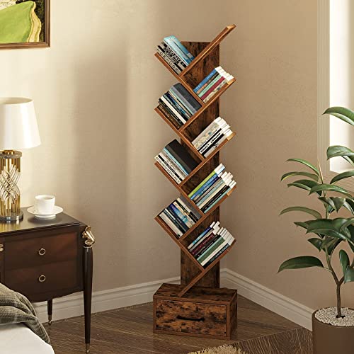 Rolanstar Bookshelf with Wooden Drawer, 9 Shelf Tree Bookshelf, Modern Book Storage, Free Standing Tree Bookcase, Utility Organizer Shelves for Home Office, Living Room, Bedroom, Rustic Brown