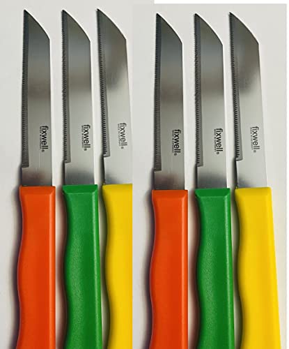 MADE IN GERMANY FIXWELL STAINLESS STEEL KNIVES - PACK OF 6 (ORANGE, YELLOW, GREEN) -3.5" SHARP SERRATED BLADE -IDEAL FOR KITCHEN & GENERAL USE, BREADS, SANDWICHES, AND PRECISION FOOD CUTTING