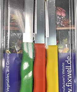 MADE IN GERMANY FIXWELL STAINLESS STEEL KNIVES - PACK OF 6 (ORANGE, YELLOW, GREEN) -3.5" SHARP SERRATED BLADE -IDEAL FOR KITCHEN & GENERAL USE, BREADS, SANDWICHES, AND PRECISION FOOD CUTTING