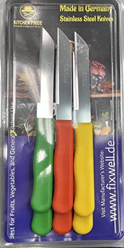 MADE IN GERMANY FIXWELL STAINLESS STEEL KNIVES - PACK OF 6 (ORANGE, YELLOW, GREEN) -3.5" SHARP SERRATED BLADE -IDEAL FOR KITCHEN & GENERAL USE, BREADS, SANDWICHES, AND PRECISION FOOD CUTTING