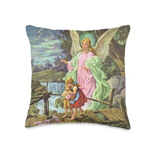 angel accessories & gifts guardian angel on bridge with kids classic painting throw pillow, 16x16, multicolor