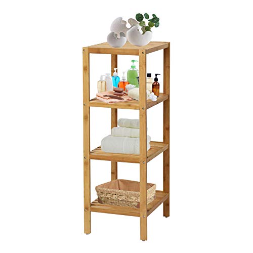 Kinlife Bamboo Bathroom Shelf Square 4-Tier Storage Shelves Free Standing Rack Multifunctional Corner Shelving Unit for Bedroom Kitchen Living Room, Natural