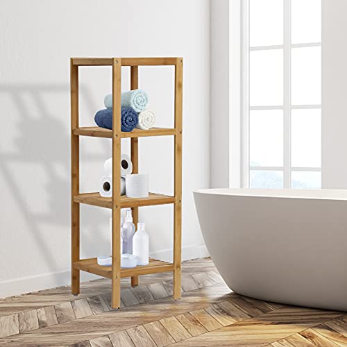 Kinlife Bamboo Bathroom Shelf Square 4-Tier Storage Shelves Free Standing Rack Multifunctional Corner Shelving Unit for Bedroom Kitchen Living Room, Natural