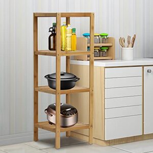 Kinlife Bamboo Bathroom Shelf Square 4-Tier Storage Shelves Free Standing Rack Multifunctional Corner Shelving Unit for Bedroom Kitchen Living Room, Natural