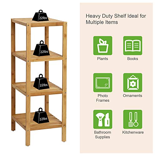 Kinlife Bamboo Bathroom Shelf Square 4-Tier Storage Shelves Free Standing Rack Multifunctional Corner Shelving Unit for Bedroom Kitchen Living Room, Natural