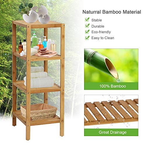 Kinlife Bamboo Bathroom Shelf Square 4-Tier Storage Shelves Free Standing Rack Multifunctional Corner Shelving Unit for Bedroom Kitchen Living Room, Natural