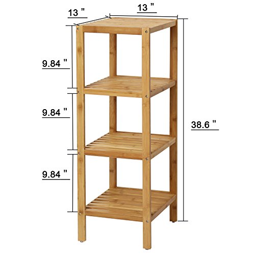 Kinlife Bamboo Bathroom Shelf Square 4-Tier Storage Shelves Free Standing Rack Multifunctional Corner Shelving Unit for Bedroom Kitchen Living Room, Natural