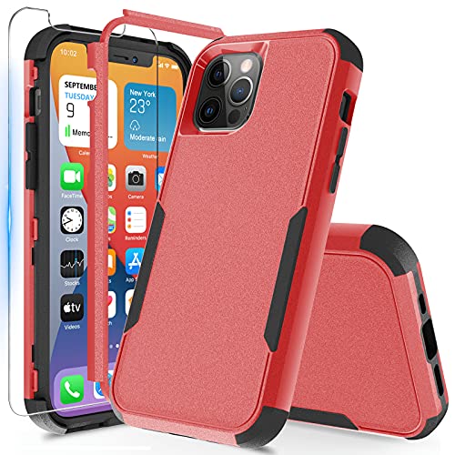 Huness Case for iPhone 12 Pro Case & iPhone 12 Case + Tempered Glass Screen Protector Heavy Duty Protection Shockproof Drop Proof 3 in 1 Commuter Case - Red