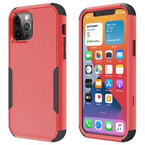 Huness Case for iPhone 12 Pro Case & iPhone 12 Case + Tempered Glass Screen Protector Heavy Duty Protection Shockproof Drop Proof 3 in 1 Commuter Case - Red