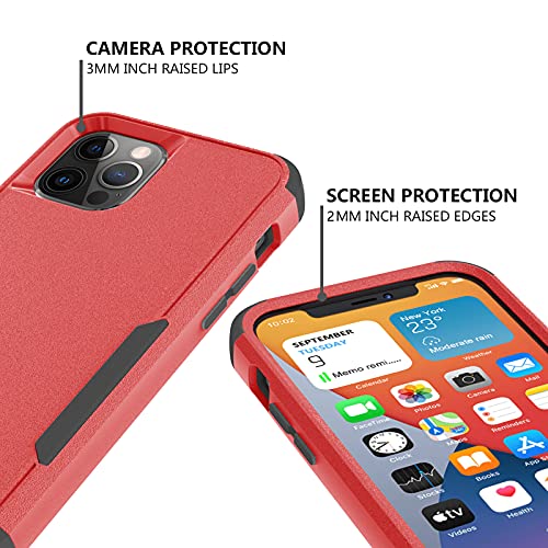 Huness Case for iPhone 12 Pro Case & iPhone 12 Case + Tempered Glass Screen Protector Heavy Duty Protection Shockproof Drop Proof 3 in 1 Commuter Case - Red