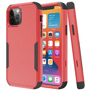 Huness Case for iPhone 12 Pro Case & iPhone 12 Case + Tempered Glass Screen Protector Heavy Duty Protection Shockproof Drop Proof 3 in 1 Commuter Case - Red