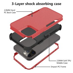 Huness Case for iPhone 12 Pro Case & iPhone 12 Case + Tempered Glass Screen Protector Heavy Duty Protection Shockproof Drop Proof 3 in 1 Commuter Case - Red