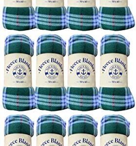 12 Pack of Bulk Soft Fleece Blankets 50 X 60, Light Weight, Cozy Warm Throw Blanket Sofa Travel Outdoor, Wholesale (50 X 60, 12 Green Plaid)