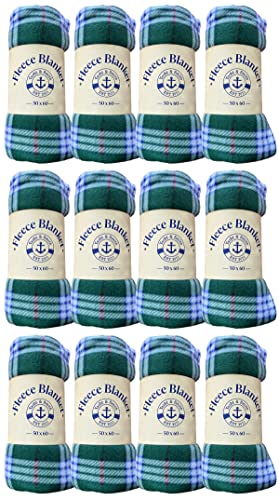 12 Pack of Bulk Soft Fleece Blankets 50 X 60, Light Weight, Cozy Warm Throw Blanket Sofa Travel Outdoor, Wholesale (50 X 60, 12 Green Plaid)