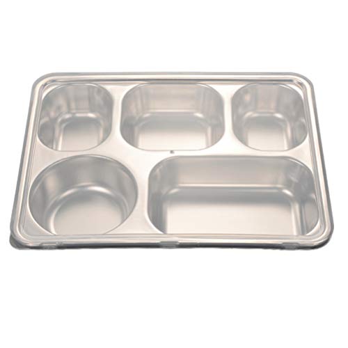 DOITOOL Stainless Steel Divided Plate for Adults or Kids, Rectangular 5 Sections Divided Tray for Serving Food (with Lids)