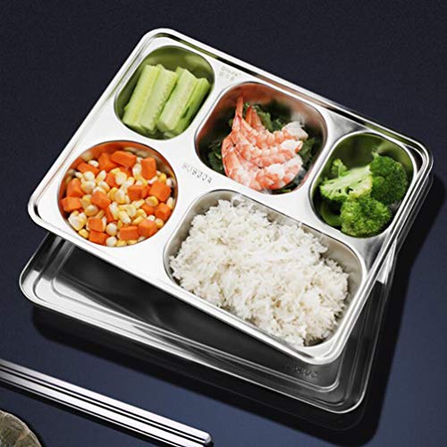 DOITOOL Stainless Steel Divided Plate for Adults or Kids, Rectangular 5 Sections Divided Tray for Serving Food (with Lids)