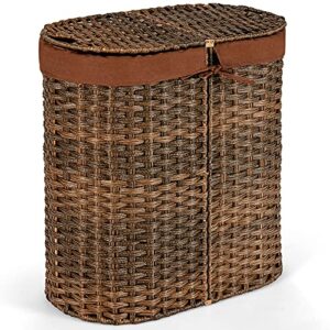 giantex double laundry hamper with lid, oval laundry basket with 2 removable liner bags, portable handwoven clothes sorter bin for living room bedroom laundry (brown)