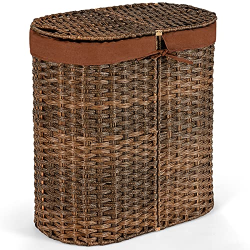 Giantex Double Laundry Hamper with Lid, Oval Laundry Basket with 2 Removable Liner Bags, Portable Handwoven Clothes Sorter Bin for Living Room Bedroom Laundry (Brown)