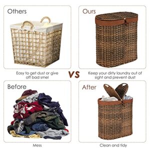 Giantex Double Laundry Hamper with Lid, Oval Laundry Basket with 2 Removable Liner Bags, Portable Handwoven Clothes Sorter Bin for Living Room Bedroom Laundry (Brown)