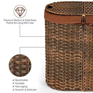 Giantex Double Laundry Hamper with Lid, Oval Laundry Basket with 2 Removable Liner Bags, Portable Handwoven Clothes Sorter Bin for Living Room Bedroom Laundry (Brown)