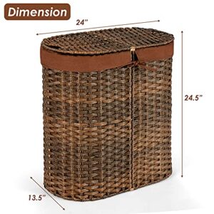 Giantex Double Laundry Hamper with Lid, Oval Laundry Basket with 2 Removable Liner Bags, Portable Handwoven Clothes Sorter Bin for Living Room Bedroom Laundry (Brown)