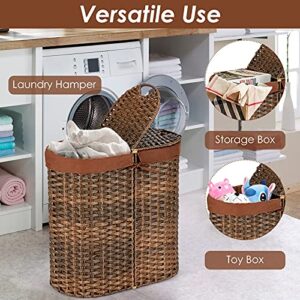Giantex Double Laundry Hamper with Lid, Oval Laundry Basket with 2 Removable Liner Bags, Portable Handwoven Clothes Sorter Bin for Living Room Bedroom Laundry (Brown)