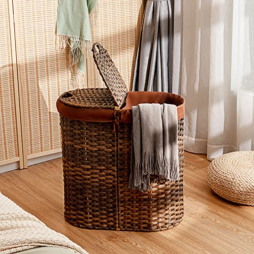 Giantex Double Laundry Hamper with Lid, Oval Laundry Basket with 2 Removable Liner Bags, Portable Handwoven Clothes Sorter Bin for Living Room Bedroom Laundry (Brown)