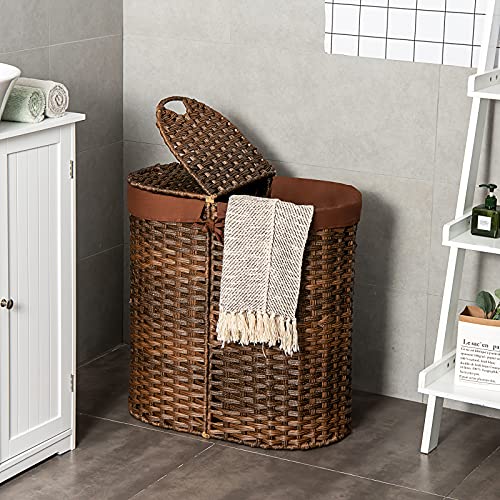 Giantex Double Laundry Hamper with Lid, Oval Laundry Basket with 2 Removable Liner Bags, Portable Handwoven Clothes Sorter Bin for Living Room Bedroom Laundry (Brown)