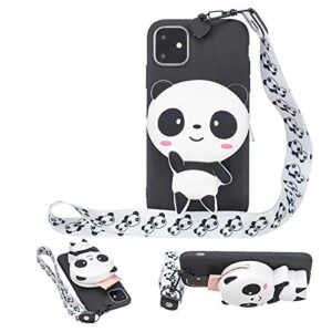 girlyard for iphone 12 / iphone 12 pro 6.1 inch silicone case with 3d cartoon animal zipper wallet purse holder back cover and long detachable lanyard strap phone case for kids girls, black panda