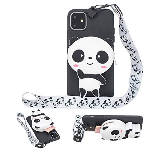 Girlyard for iPhone 12 / iPhone 12 Pro 6.1 Inch Silicone Case with 3D Cartoon Animal Zipper Wallet Purse Holder Back Cover and Long Detachable Lanyard Strap Phone Case for Kids Girls, Black Panda