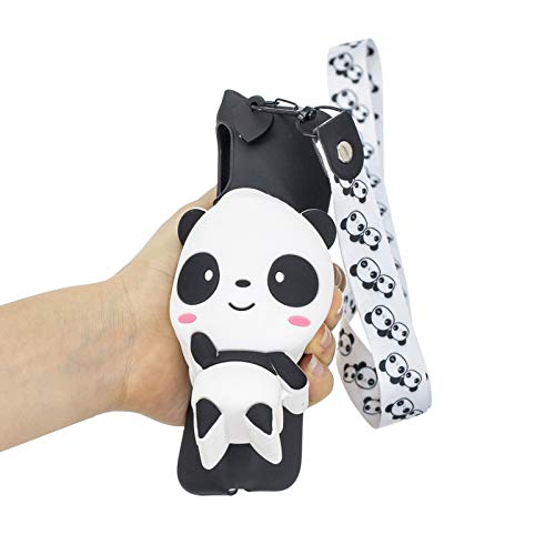 Girlyard for iPhone 12 / iPhone 12 Pro 6.1 Inch Silicone Case with 3D Cartoon Animal Zipper Wallet Purse Holder Back Cover and Long Detachable Lanyard Strap Phone Case for Kids Girls, Black Panda