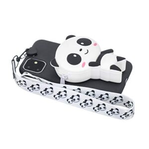 Girlyard for iPhone 12 / iPhone 12 Pro 6.1 Inch Silicone Case with 3D Cartoon Animal Zipper Wallet Purse Holder Back Cover and Long Detachable Lanyard Strap Phone Case for Kids Girls, Black Panda