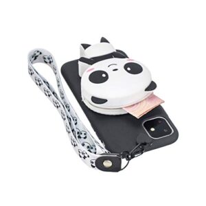 Girlyard for iPhone 12 / iPhone 12 Pro 6.1 Inch Silicone Case with 3D Cartoon Animal Zipper Wallet Purse Holder Back Cover and Long Detachable Lanyard Strap Phone Case for Kids Girls, Black Panda