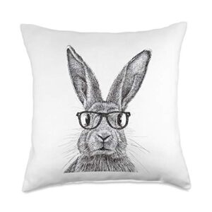 hipsters bunny rabbit wearing glasses funny drawing throw pillow, 18x18, multicolor