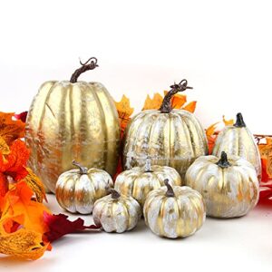 KIMOBER 8pcs Gold Artificial Pumpkins,Realistic Fake Foam Pumpkins for Halloween Autumn Harvest Thanksgiving Party