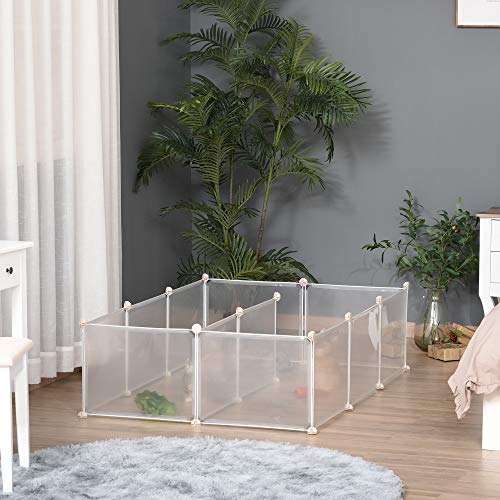 PawHut Pet Playpen DIY Small Animal Cage Open Enclosure Portable Plastic Fence 12 Panels for Bunny Chinchilla Guinea Pig White, 18" x 14"